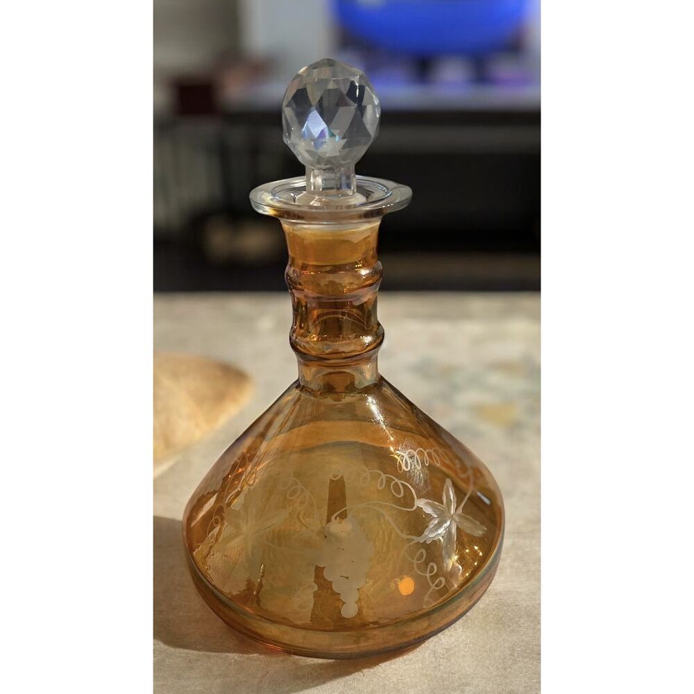 Vintage Bohemian Style Amber Etched Grape Vines Glass Bottle decanter w/ stopper